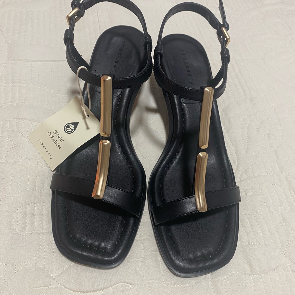 Sanctuary Black T-Strap Sandals with Gold Accents